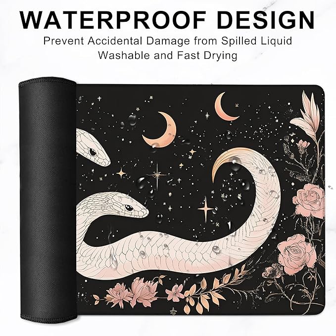 Gaming Mouse Pad, White Snake and Starry Moon Flower Large Desk Mat for Keyboard and Mouse,Non-Slip Rubber Base and Stitched Edges Desk Pad for Home Office 35.4x15.7in
