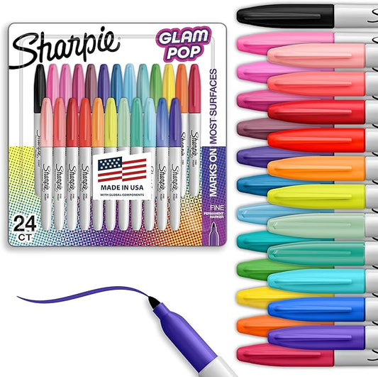 Sharpie Glam Pop Permanent Markers Fine Tip Marker Set Coloring Art Drawing Writing Markers Assorted Colors 24 Count