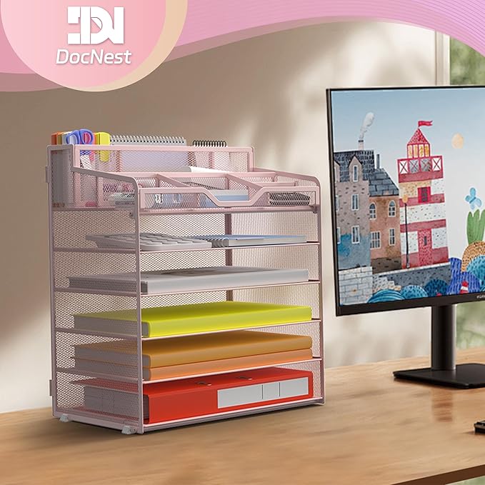 Docnest 6 Tier Mesh Desk Organizer for Paper Office Supplies – Multi-Functional Letter Tray with 5 Adjustable Compartments, 3 Pen Holders, Desktop Storage for Files, Mail, Stationery – Pink
