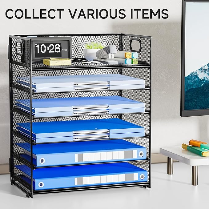 Paper Organizer for Desk Organizers and Accessories for Office 6 Tier Letter Tray Storage with Handle Mesh Desktop Paper Holder for School- Black