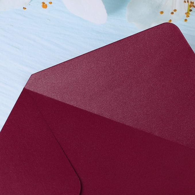 PONATIA 50 PCS/Pack A7 Envelopes, 5.25 x 7.5'' Shiny Burgundy Envelope, 5x7'' envelopes Perfect for Wedding Invitation Cards, Greenting Card, Christmas Gift Cards Envelopes