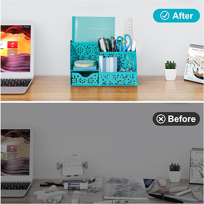 EasyPAG Desk Organizer with Sliding Drawer - 6 Compartments Metal Desktop Caddy, Decorative Elegant Hollow Flower Design, Anti-Scratch Pads for Home, Office, School, Dark Teal