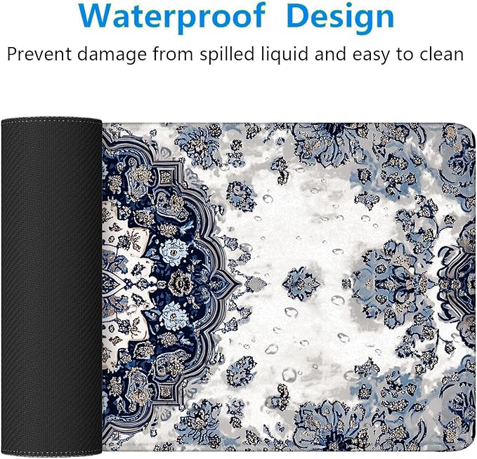 Boho Carpet Style Desk Pad Mouse Pad Bohemian Mandala Blue Mousepad XL Large Gaming Mouse Pad Laptop Keyboard Mat Desk Pad Office Home Decor for Women Girl 31.5"x11.8"