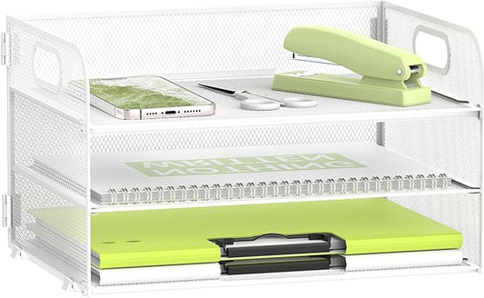 Daltack 3-Tier Paper Organizer With Handle, Mesh Desk Letter Tray for A4 File Folder, White