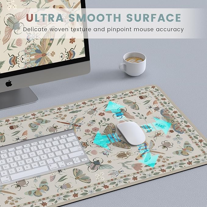 HAOCOO Desk Matt for Desktop,Cute Mouse Pad, Floral Desk Pad, Large Mouse Pad with Non-Slip Base, Waterproof Computer Mouse Mat for Gaming, Keyboard Mat Sets for Women Office Decor(Beige)