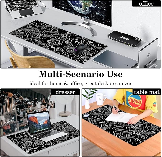 Black Topographic Desk Pad Protector, Stitched Edges Mouse Pad, Large Office Desk Mat, Non-Slip Desk Blotter, Laptop Desk Pad, Desk Writing Pad for Office and Home (31.5" x 15.7 ")