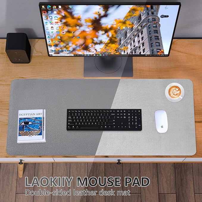 Dual-Sided Desk Pad, Large Mouse Pad, Natural Cork & PU Leather Non-Slip Waterproof Desk Mat for Office and Home (Gray, 31.5" x 15.7")