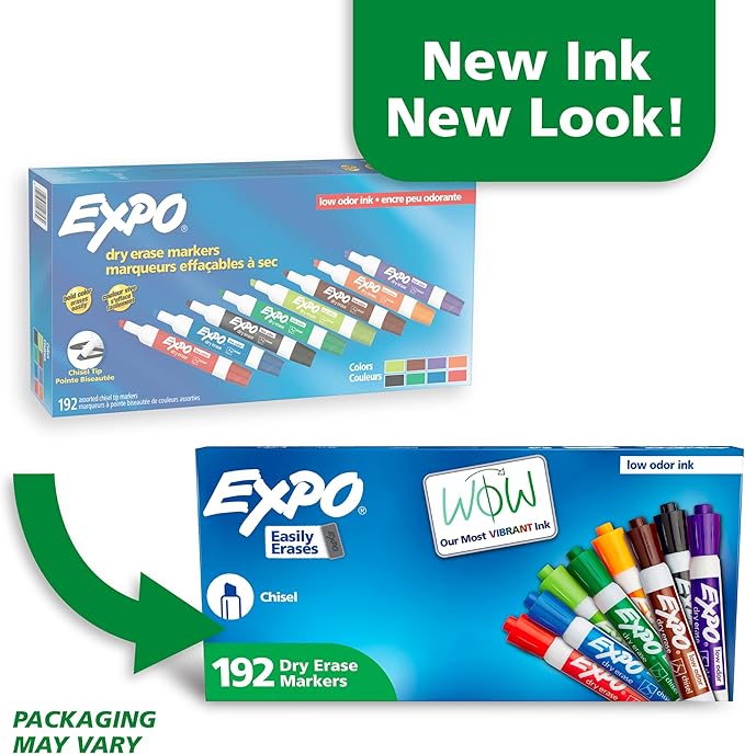 EXPO Dry Erase Markers, Low Odor Ink, Assorted Colors, Chisel Tip, 192 Count