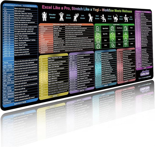 Excel Cheat Sheet Desk Pad, Large XXL Excel Short Cut Mouse Pad, Over 150 Shortcuts & Formulas [10 Modules], Non-Slip&Waterproof Office & Gaming Desk Mat | Accountants,Students,Employee Gifts