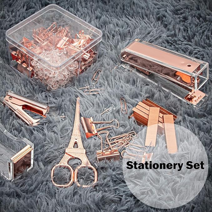 Rosegold Office Supplies Set,Package Contains Stapler,Tape Dispenser,Staple Remover,Scissors,Pen,Pen Holder,Binder Clips,Paper Clips,Push Pins and 1000pcs Staples