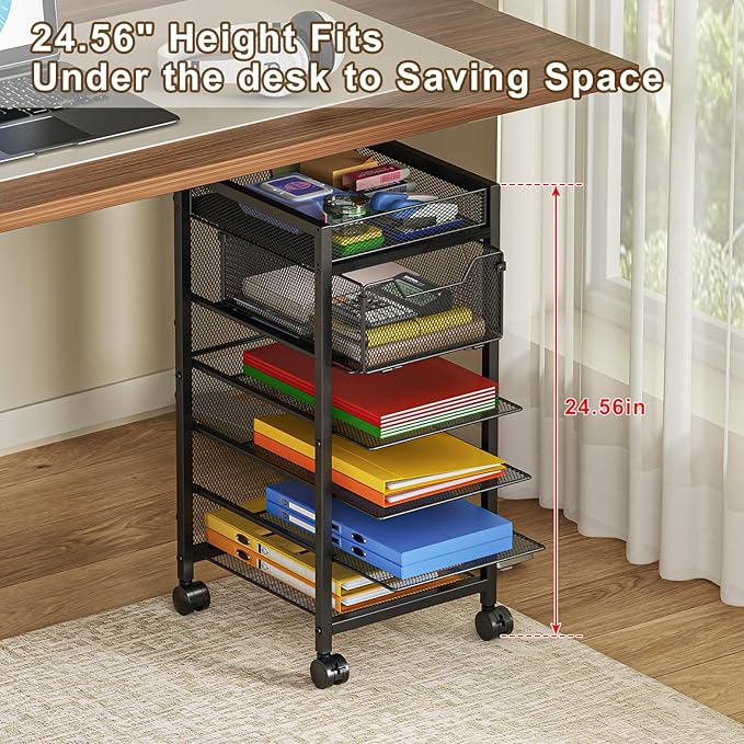 keomaisyto Under Desk Storage Slim File Cabinet, 6-Tier Rolling File Cart with Paper Letter Tray & Drawer, Standing Paper Organizer with Wheels, Narrow Desk Organization for Home Office Workspace