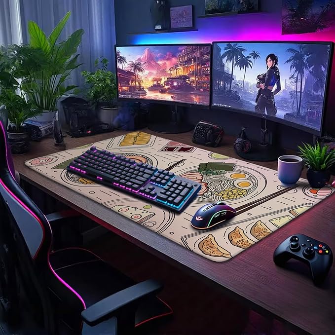 Japanese Ramen Large Gaming Mouse Pad 31.5"x15.7"｜Illustrated Food Pattern XXL Desk Mat, Non-Slip Rubber Base & Stitched Edges - Extended Waterproof Mousepad for PC/Laptop/Office/Home Decor