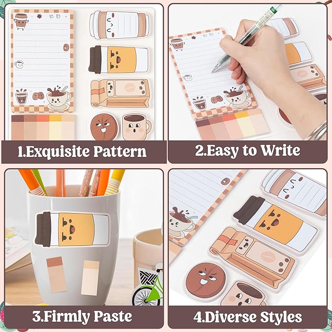 B1ykin Sticky Notes Set, Cartoon Theme Cute Self-Stick Notes Pad Teacher Appreciation Gifts, Self-Adhesive Writing Memo Pages Sticky to Do Notepad Thank You Gift for School Classroom (Latte Coffee)
