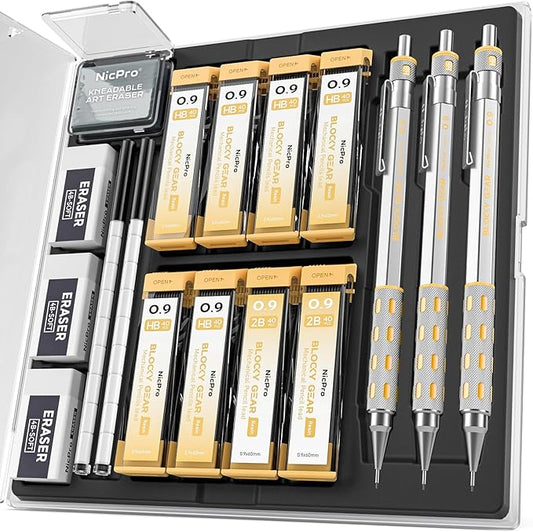 Nicpro Blocky Gear 0.9 mm Mechanical Pencils Set in Case, 3 Pack Metal Pencil 8 Tube with Lead Refills 0.9mm (HB 2B), 3 Erasers for Professional & Adult Art Writing Drafting Drawing