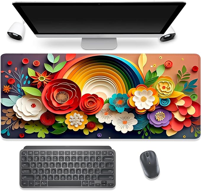 Rainbow Spring Flowers Desk Pad Mouse Pad,Floral Prints Extended Large Gaming Mouse Mat with Stitched Edges,Non-Slip Waterproof Rubber Base Mousepad for Office Work Home Desk Mat(27.5X11.8 in)