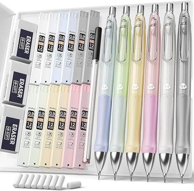 Nicpro 6PCS Pastel Mechanical Pencil Set 0.9 mm, Cute Mechanical Pencils 0.9 with Comfort Grip with 12 Tube HB Lead Refill, 3 Eraser, 9 Eraser Refill for Student Writing, Drawing, Sketching- with Case