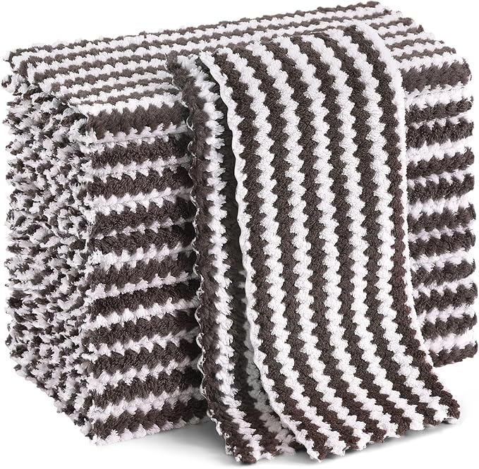 Homaxy 12 Pack Kitchen Dish Cloths, Ultra Soft and Absorbent Dish Towels, Reusable Fast Drying Microfiber Cleaning Cloth, Coral Velvet Wave Design No-lint, 10 x 10 inches, Brown