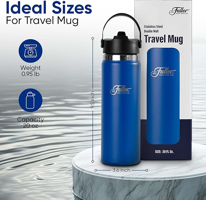 Fuller Stainless Steel Water Bottle with Straw Lid – BPA-Free, Sweat-Proof, Leak-Proof Travel Mug – Double Wall Insulated for Hot & Cold Drinks – Carry Handle (Mazarine Blue, 20 Oz.)