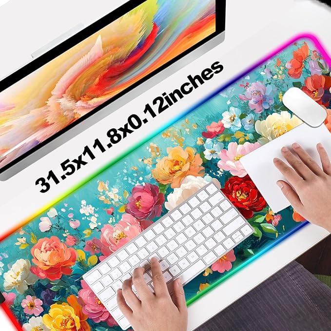 RGB Colorful Flower Peony Gaming Desk Mat, Computer Keyboard Large Extended Long Floral LED Mouse Pad for Office and Home, XL (W28)