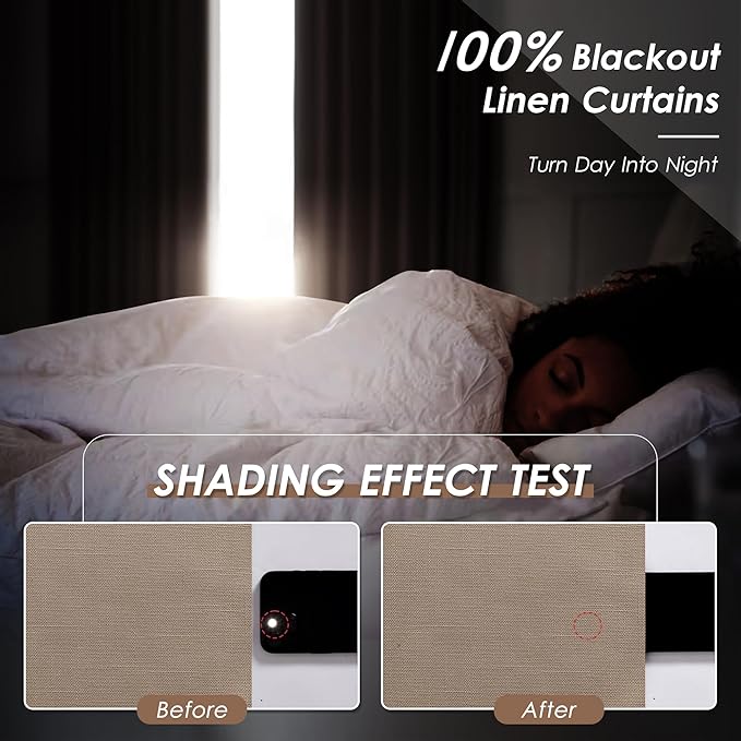 Blackout Tan Linen Curtains 96 Inches Long Back Tab Heat Reflective Full Light Block Out Curtains 2 Panels for Bedroom Windows Textured Long Draperies with Liner Floor to Ceiling Length 8 Ft 52x96