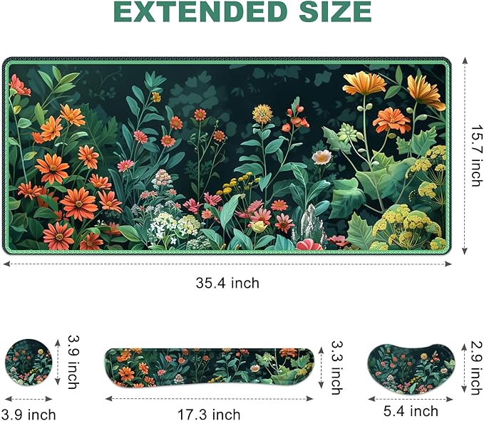 Desk Mat for Keyboard and Mouse, 4 in 1 Desk Pad, Ergonomic Mouse Pad Wrist Support, Keyboard Wrist Rest Set, Large Gaming Mouse Pad with Stitched Edges for Home Office, Green Daisy Leaves