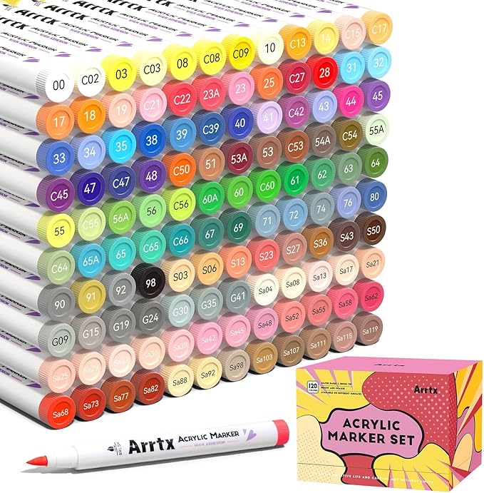 Arrtx Acrylic Markers Anime Series 120 Colors,Brush Tip Acrylic Paint Pens Paint Markers for Rock Painting Glass Wood Stone Fabric,Art Supplies