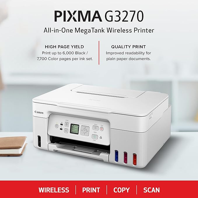 Canon MegaTank G3270 All-in-One Wireless Inkjet Printer. for Home Use, Print, Scan and Copy,White