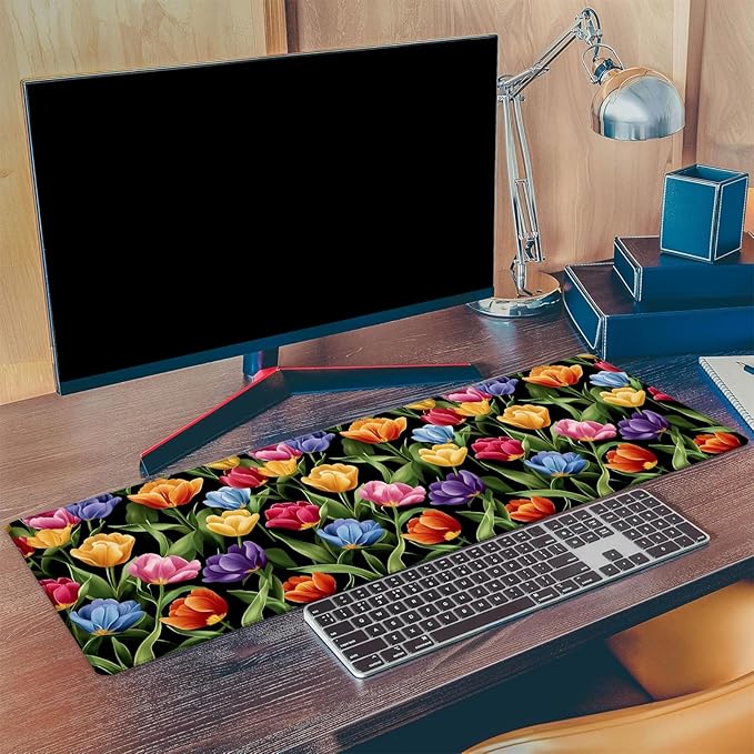 Colorful Tulip Gaming Mouse Pad, Extended Vibrant Floral Desk Mat Computer Laptop Mousepad, Robust Stitched Edges, 31.5"×11.8" Large Office Keyboard Mouse Pads for Home Desktop Decor