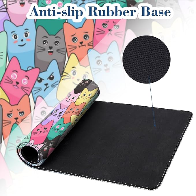 Colorful Cats Mouse Pad Desk Mat XL Large Gaming Mousepad Extended Computer Keyboard Mat with Non-Slip Rubber Base and Stitched Edge 11.8 x 31.5 Inch for Gaming and Office Work