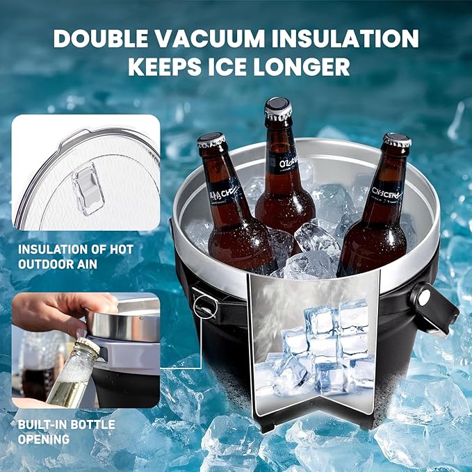 COKTIK 7L Insulated Ice Bucket with Lid，Double Wall Vacuum Stainless Steel Beverage Bucket Keeps Frozen Longer，Holds 6 Longnecks or 3 Bottles of Wine，for Cocktail, Champagne, Large Parties(Black)