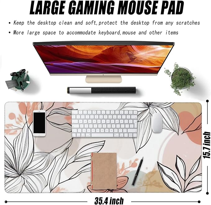 Large Gaming Mouse Pad for Desk, Abstract Flowers and Leaves Desk Mat for Desktop, Non-Slip Rubber Base Stitched Edges Long Computer Keyboard Mouse Mat Desk Pad for Home Office Gaming 35.4"X15.7"