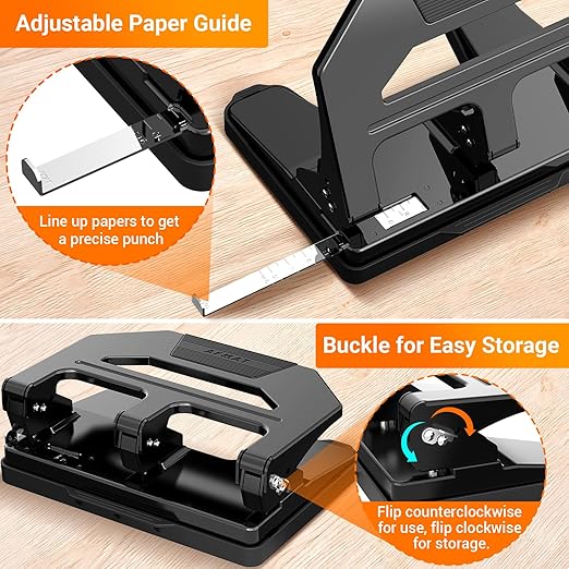AFMAT HPX2 Heavy Duty 3 Hole Puncher, 40-Sheet Paper Punch Heavy Duty, 50% Reduced Effort Three Hole Punch, 10K+ Uses, Metal Hole Puncher 3 Ring w/Large Tray, Bulit-in S.S. Paper Guide, Black