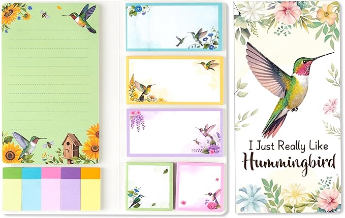 B1ykin Sticky Notes Set, Animal Theme Cute Self-Stick Notes Pad Teacher Appreciation Gifts， Self-Adhesive Writing Memo Pages Sticky to Do Notepad for Kids Employee School Office (Hummingbird)