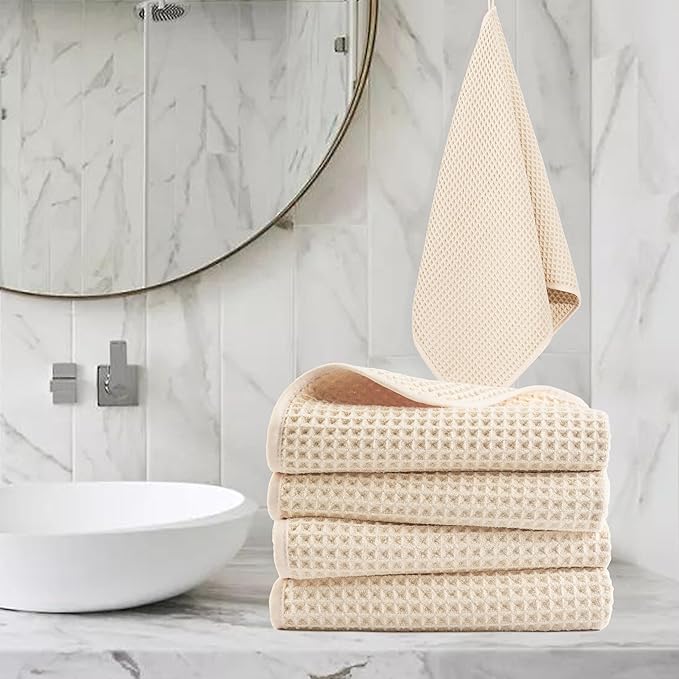 POLYTE Microfiber Lint Free Hand Towel, 16 x 30 in, 4 Pack (Waffle Weave)