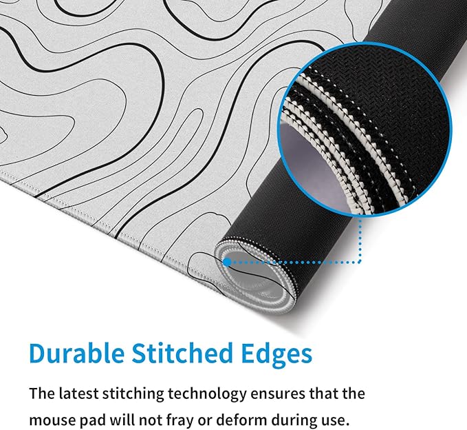 White Big Mousepad for Gaming Large Topographic Map Washable Desk Pad with Stitched Edge Office Supplies and Decor 31.5''x11.8'' Computer Keyboard Protector