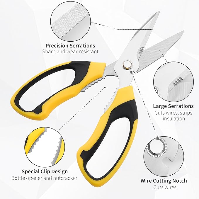 Scissors All Purpose Heavy Duty, 2 Pack Sharp Scissor with Large & Precision Serrations, 8'' Multipurpose Cutting Board Scissors with Special Clip, Wire Cutting Notch & Safety Cover, Yellow