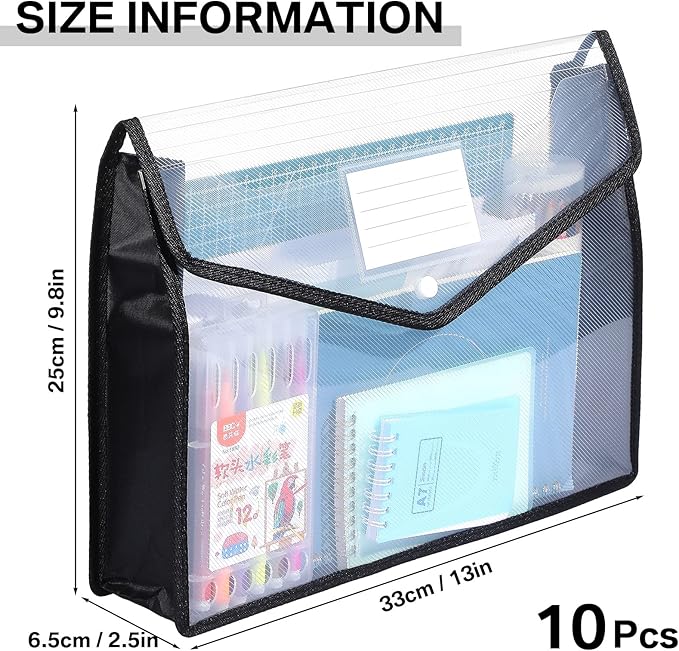 10 Pieces Plastic File Folders Envelope Expanding File Wallet Organizer Documents Folder with Snap Closure and Pocket, A4 Size Waterproof Transparent Pouch(Black,Horizontal)
