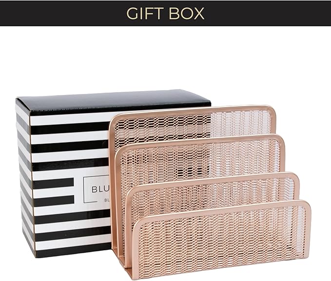 Blu Monaco Rose Gold Metal Mesh Letter Sorter – 3-Slot Mail Organizer for Desk, Office & Home – Space-Saving Vertical Mail Holder for Envelopes, Documents & Files – Modern Desk Organizer