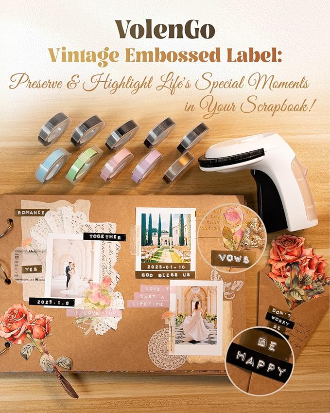 Embossing Label Maker Machine, 10-Roll Color 3D Embossed Tapes, Retro Vintage Label Maker, Old School Manual Embosser for Home DIY Crafts & Scrapbook Supplies