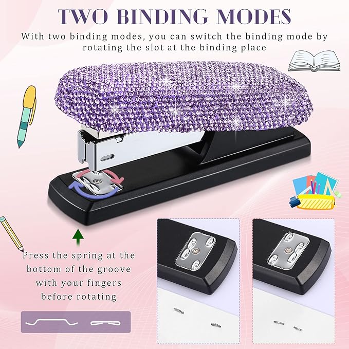 Yexiya Bling Crystal Stapler Gift Sparkly Diamond Stapler for Desk Handmade Clay Rhinestone Machine Pretty Office Stationery Kit Stylish Accessory for Women Lady Christmas(Purple)