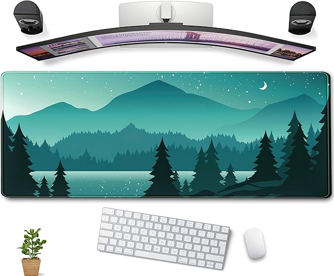Aesthetics Sunset Mountains Green Desk Mat Mousepad, XL Large Gaming Mouse Pad, Cute Anime Moon Desk Pad Mouse Mat Girl Women Office Desk Decor Laptop Keyboard Mat with Stitched Edges 31.5''x11.8''