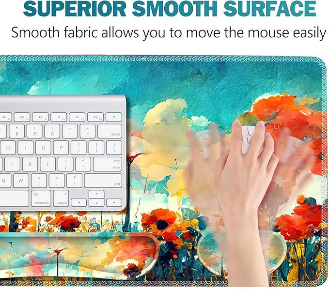 ARTSO Gaming Mouse Pad Wrist Support Set, XXL Large Desk Mat Mousepad + Keyboard Wrist Support+ Mouse Wrist Rest+Coaster 4in1 Ergonomic, Stitched Edge for Home Office -Oil Painting Flowers Plants