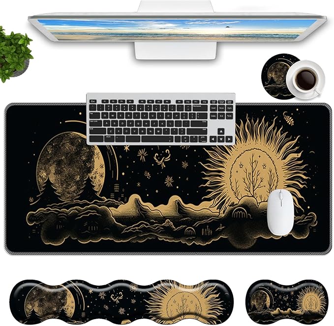 Keyboard Mouse Pad Set,Large Mouse Pad+Keyboard Wrist Rest+Wrist Support+Coaster,31.5x11.8in Extended Desk Mat for Computer Laptop Office Home-Sun and Moon
