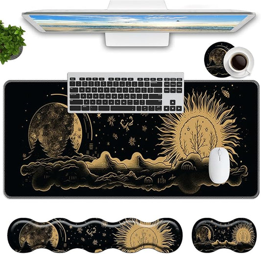 Keyboard Mouse Pad Set,Large Mouse Pad+Keyboard Wrist Rest+Wrist Support+Coaster,31.5x11.8in Extended Desk Mat for Computer Laptop Office Home-Sun and Moon