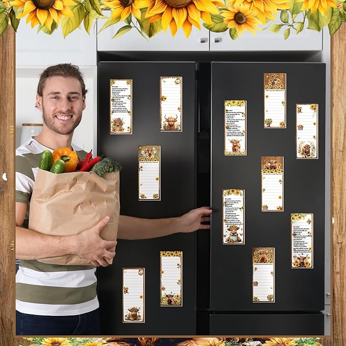 Eaasty 12 Pcs Christmas Magnetic Notepads for Refrigerator Highland Cattle Style Monthly Magnetic Grocery List 9 x 3.5 Magnet Memo Pads 30 Sheet Per Pad Shopping to Do List for January to December