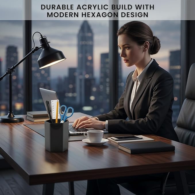 Black Pen Holder for Desk | Hexagonal Acrylic Pencil Holder Organizer for Home, Offices | Multipurpose Acrylic Makeup Organizers, Clear Toothbrush Holder & Pencil Cups for Desk | Stationary Supplies