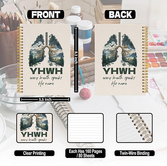 YHWH Christian Spiral Notebook, YHWH Lungs Bible Journaling Notebooks for Note Taking, Religious Scripture Hardcover Journals for Women Men 160 Pages 5.5 x 8.3 Inch, Christian Gifts for Women