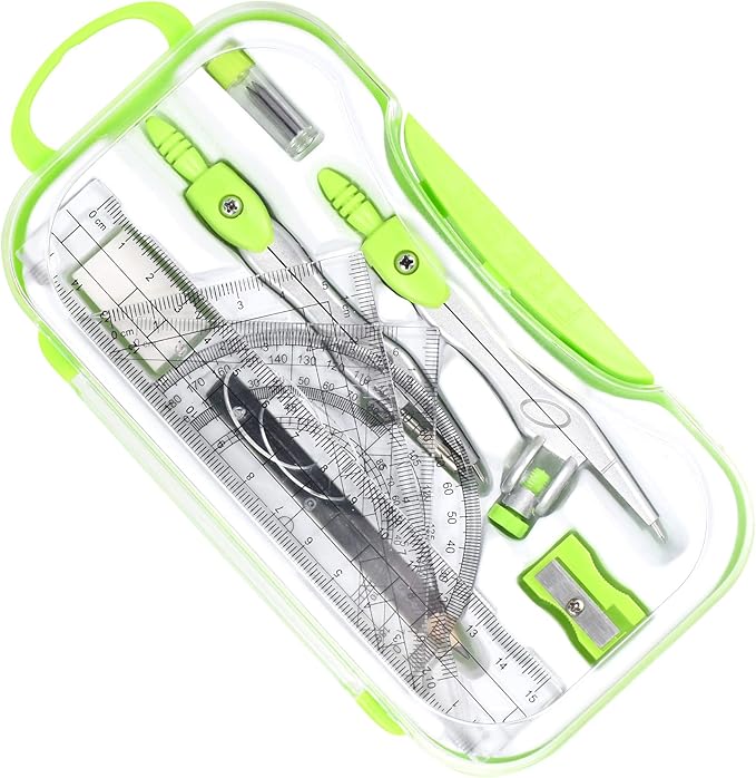 10 Pieces Math Geometry Kit Set Student Supplies with Shatterproof Storage Box,Includes Rulers,Protractor,Compass,Eraser,Pencil Sharpener,Lead Refills,Pencil,for School and Drawings（Green）