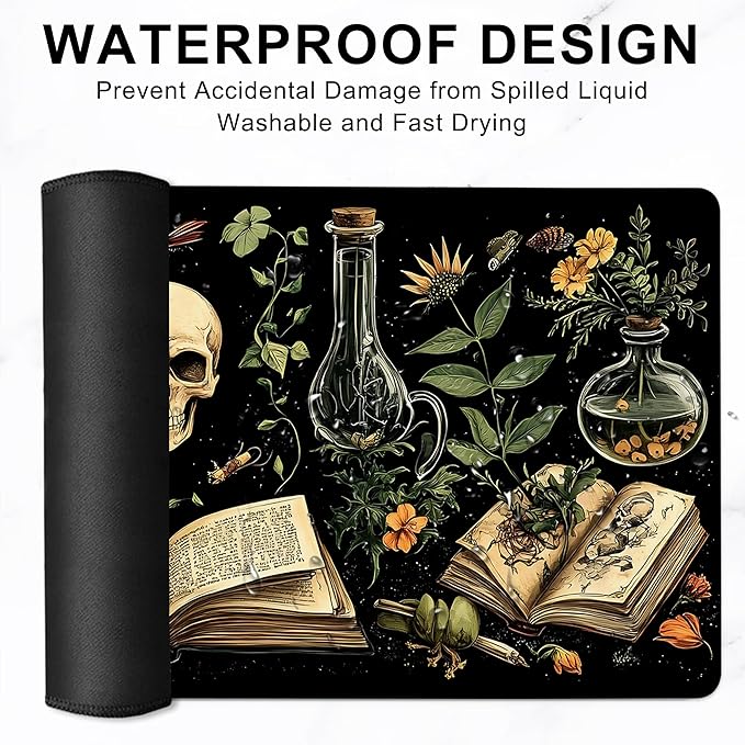 Gaming Mouse Pad, Dark Academy Green Plant Skull Large Desk Mat for Keyboard and Mouse,Non-Slip Rubber Base and Stitched Edges Desk Pad for Home Office 35.4x15.7in