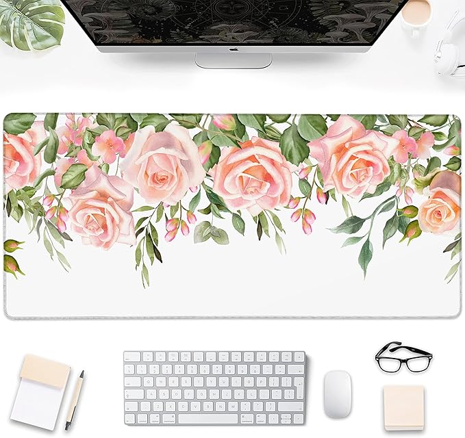 Gaming Mouse Pad, Watercolor Rose Flower Floral Large Desk Mat for Keyboard and Mouse,Non-Slip Rubber Base and Stitched Edges Desk Pad for Home Office 35.4x15.7in